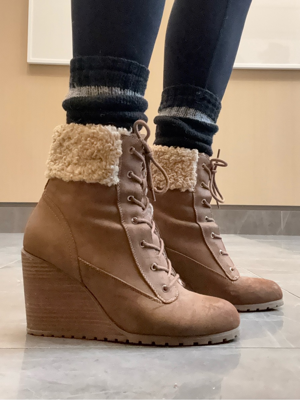 Call It Spring Women’s Tan Wedge Lace-Up Boots with Faux Shearling Collar